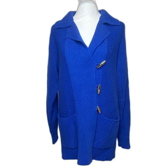 Lauren Ralph Lauren LRL Blue Cardigan Sweater Gold Toggle Flare Womens Designer - Picture 1 of 7